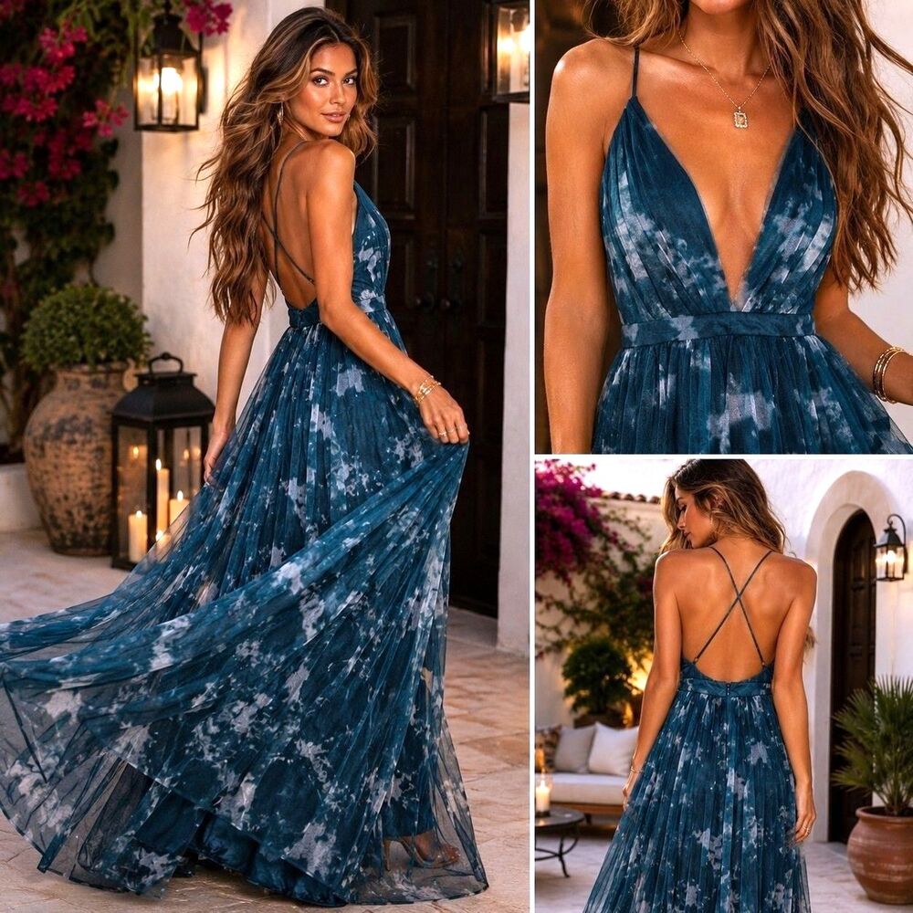 Lulus XL Teal Floral Tulle Maxi Dress Plunge Backless Formal Wedding Guest Gown